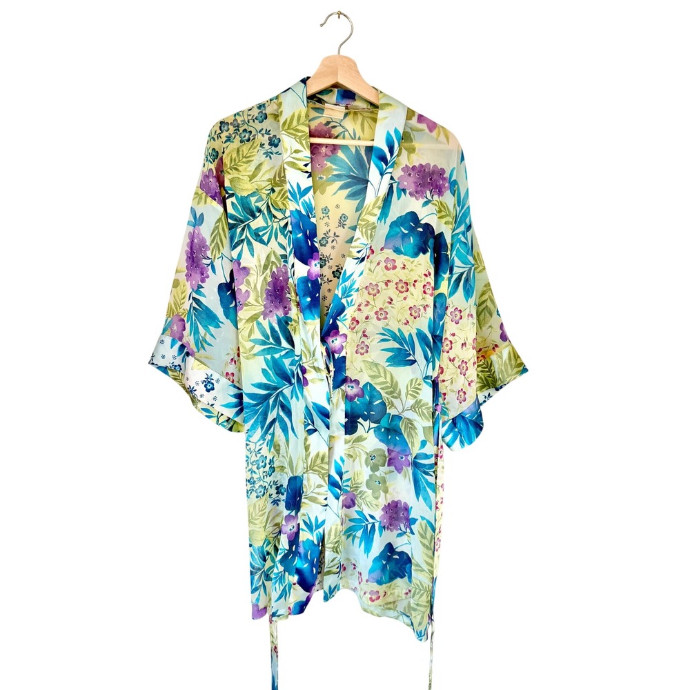Y2K Sophia by Delicates Tropical Floral Satin Kimono Robe Medium
